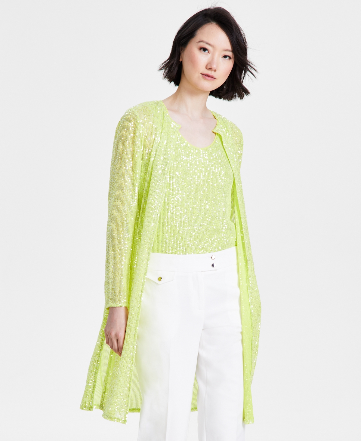 Petite Sequined Long Side-Slit Cardigan - Sprout
