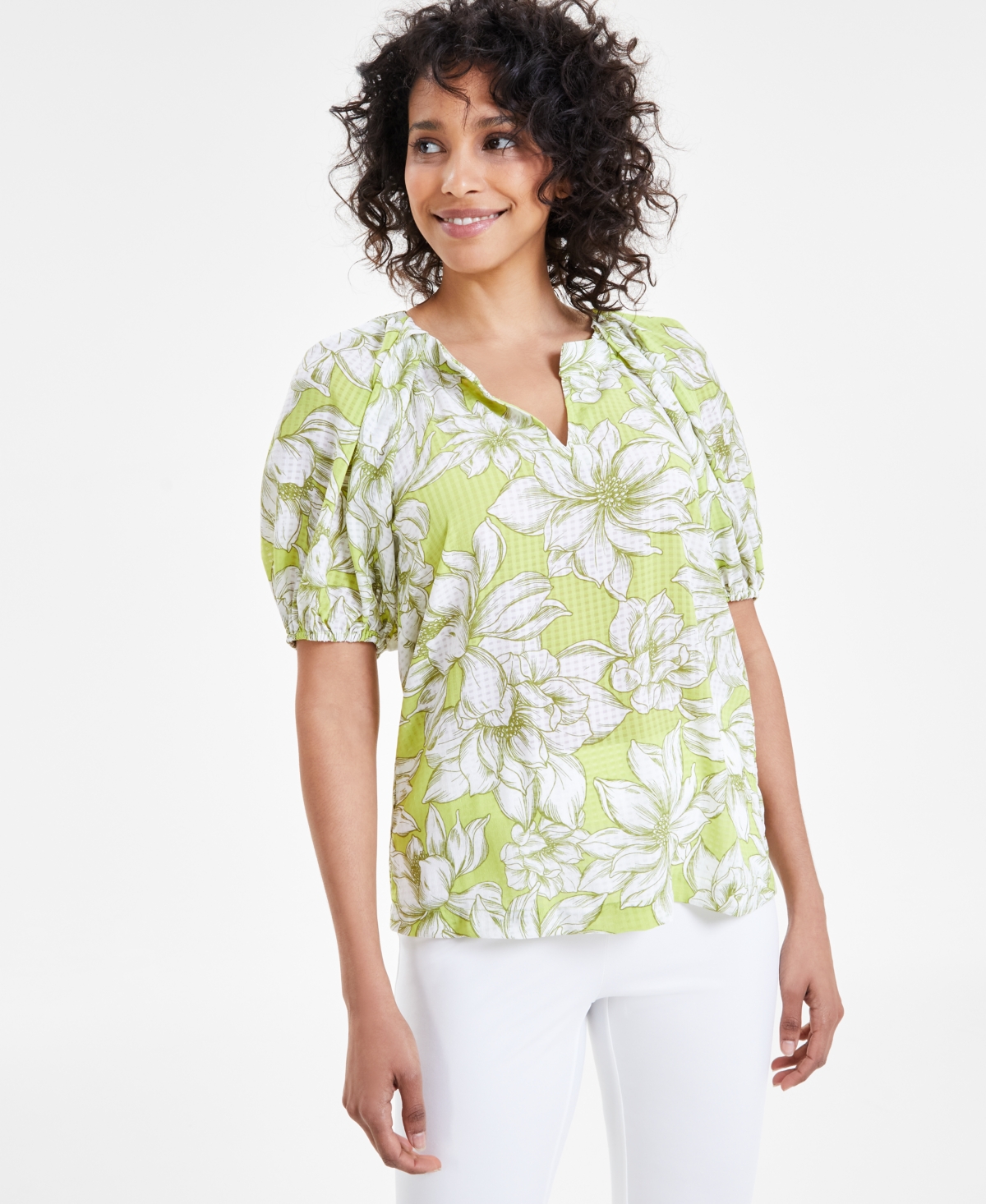 Women's Floral-Print Puff-Sleeve Blouse - SPROUT/BRIGHT WHITE