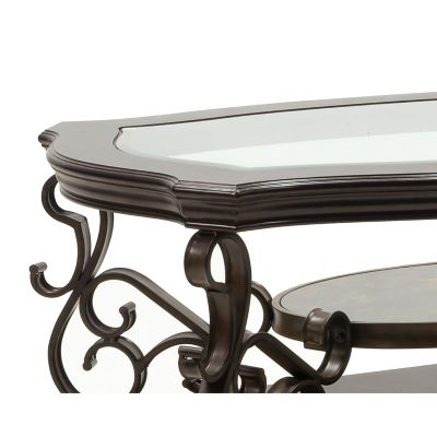 Cocktail Table, Glass table top, MDF W/marble paper middle shelf, powder coat finish metal legs. (52"Lx32"Wx20"H)