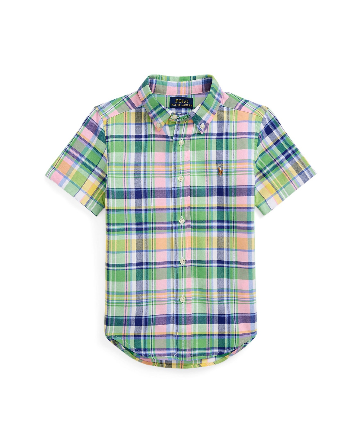 Shop Polo Ralph Lauren Toddler And Little Boys Plaid Cotton Oxford Short Sleeve Shirt In Green,pink Multi