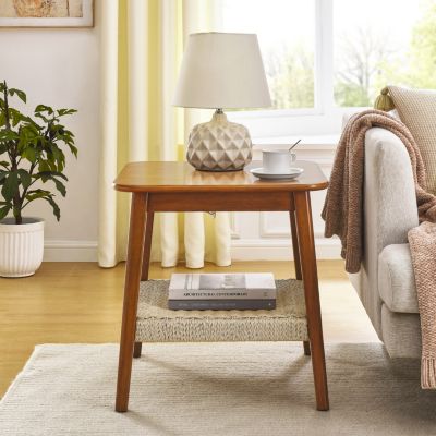 Boho Mid-Century Woven Side Table with Storage
