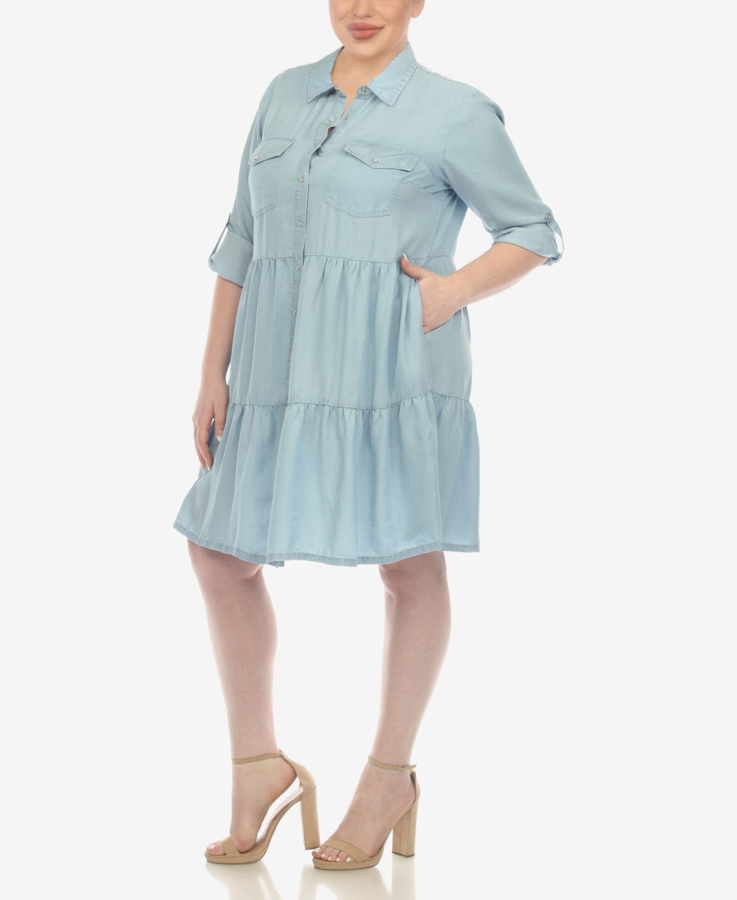 Женское платье White Mark Plus Size Long Sleeve Tiered Midi Shirt Dress, цвет: Джинсовый синий — фото 3