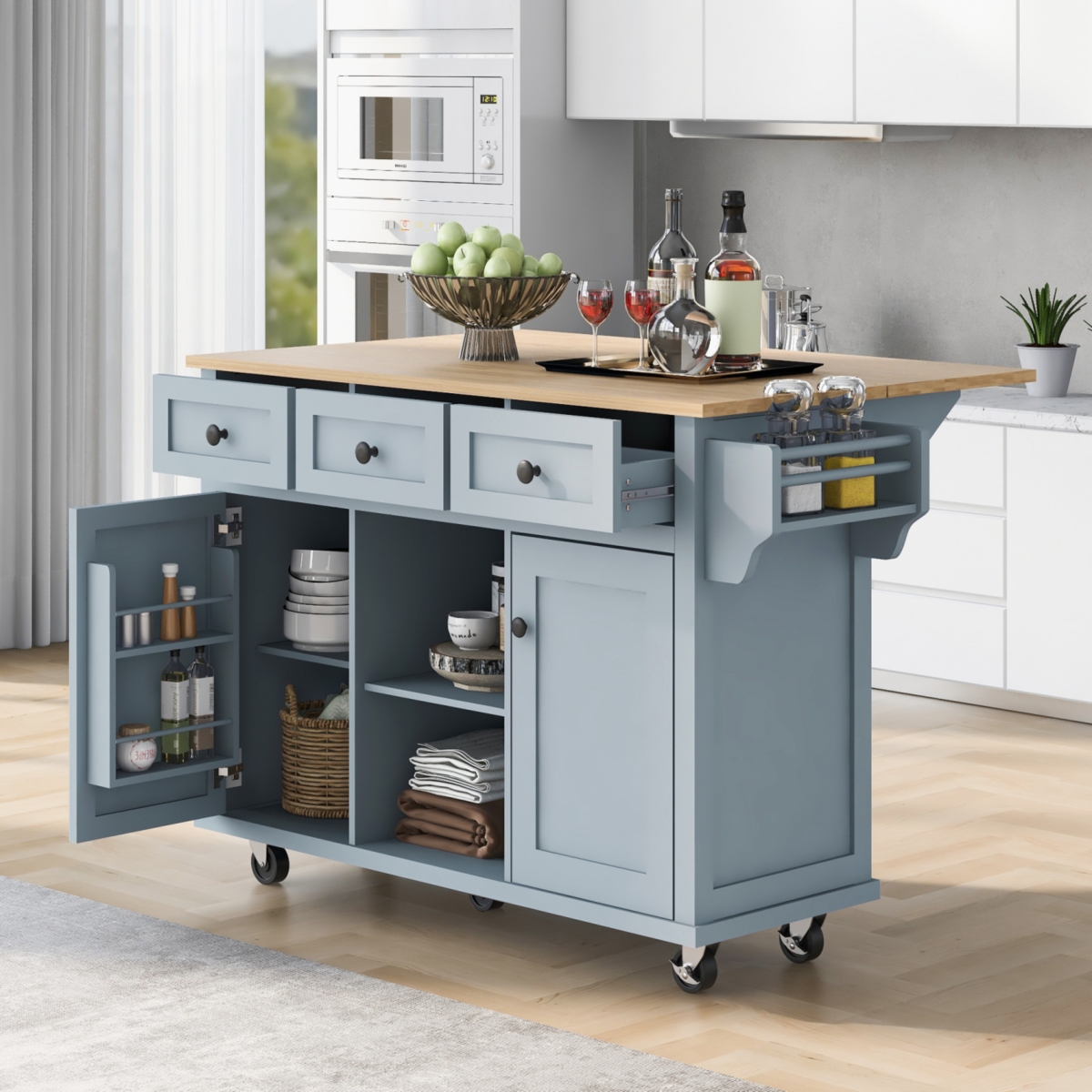 Simplie Fun Blue Kitchen Cart with Drop-Leaf Countertop and Storage