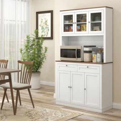 71" Tall Melamine-Coated Adjustable Shelves Glass Doors Microwave Space Pantry Storage Cabinet