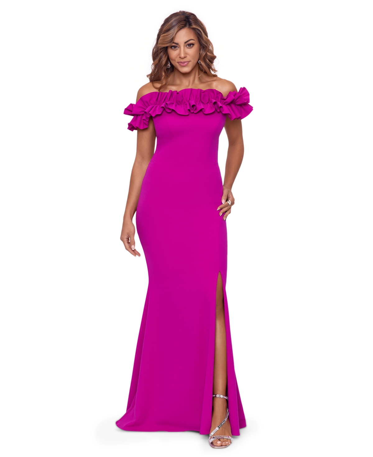 Xscape Petite Ruffled Off-the-shoulder Gown In New Fushia