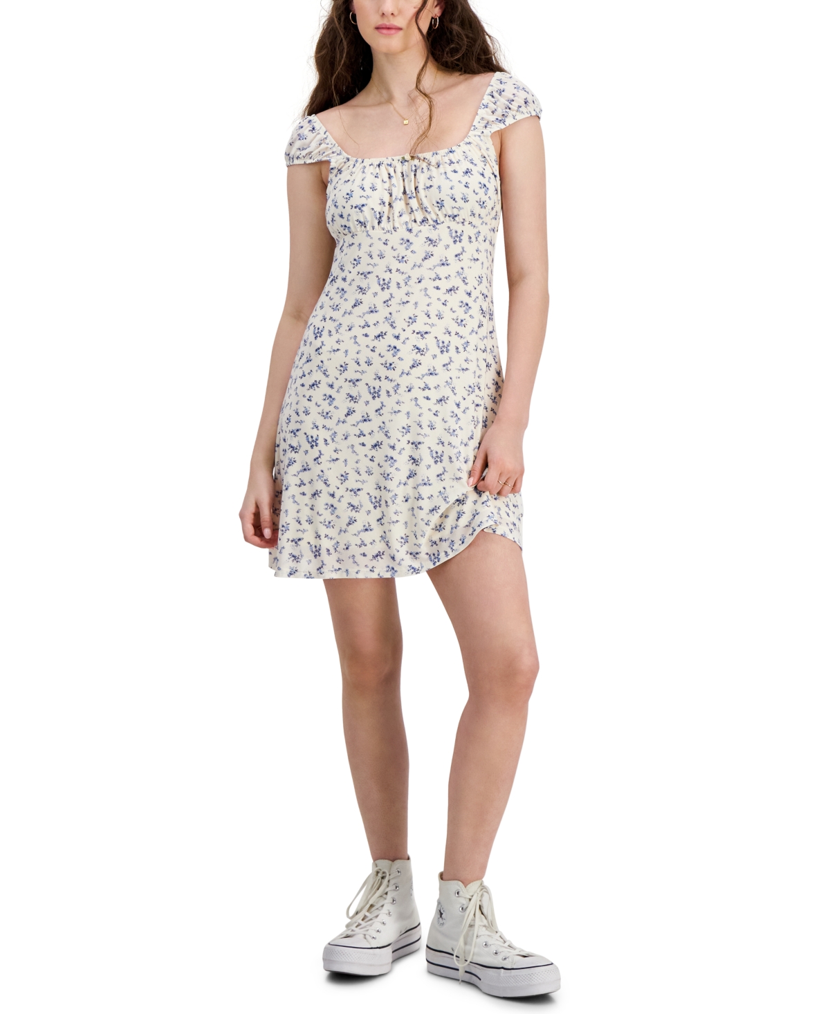 Juniors' Mesh Cap-Sleeve Mini Dress - Skylight Blue