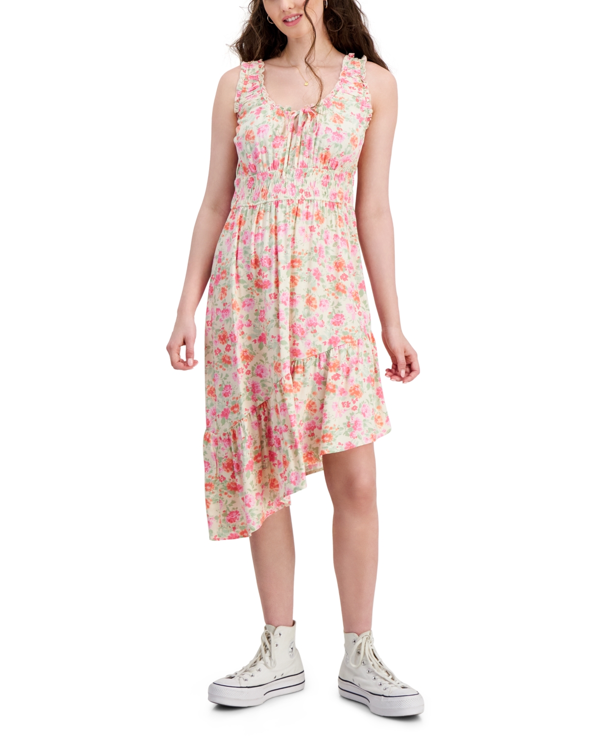 Shop Hippie Rose Juniors' Smocked Asymmetrical Hem Midi Dress In Bone Floral
