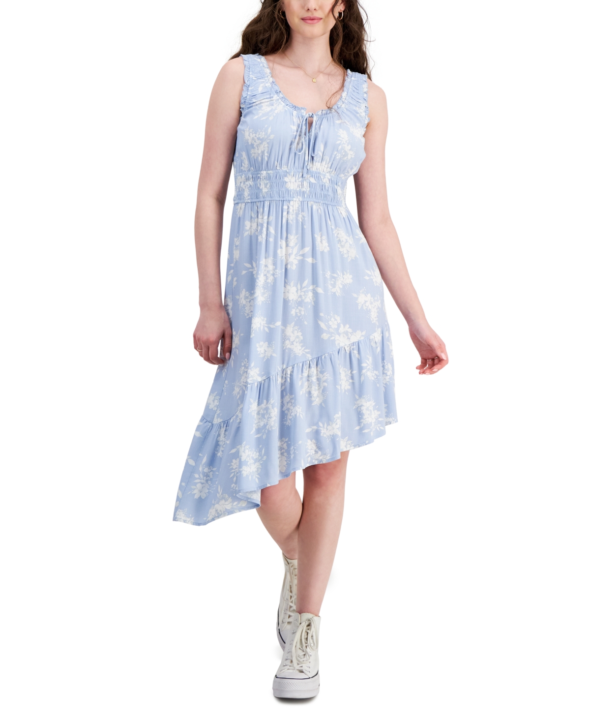 Shop Hippie Rose Juniors' Smocked Asymmetrical Hem Midi Dress In Light Blue