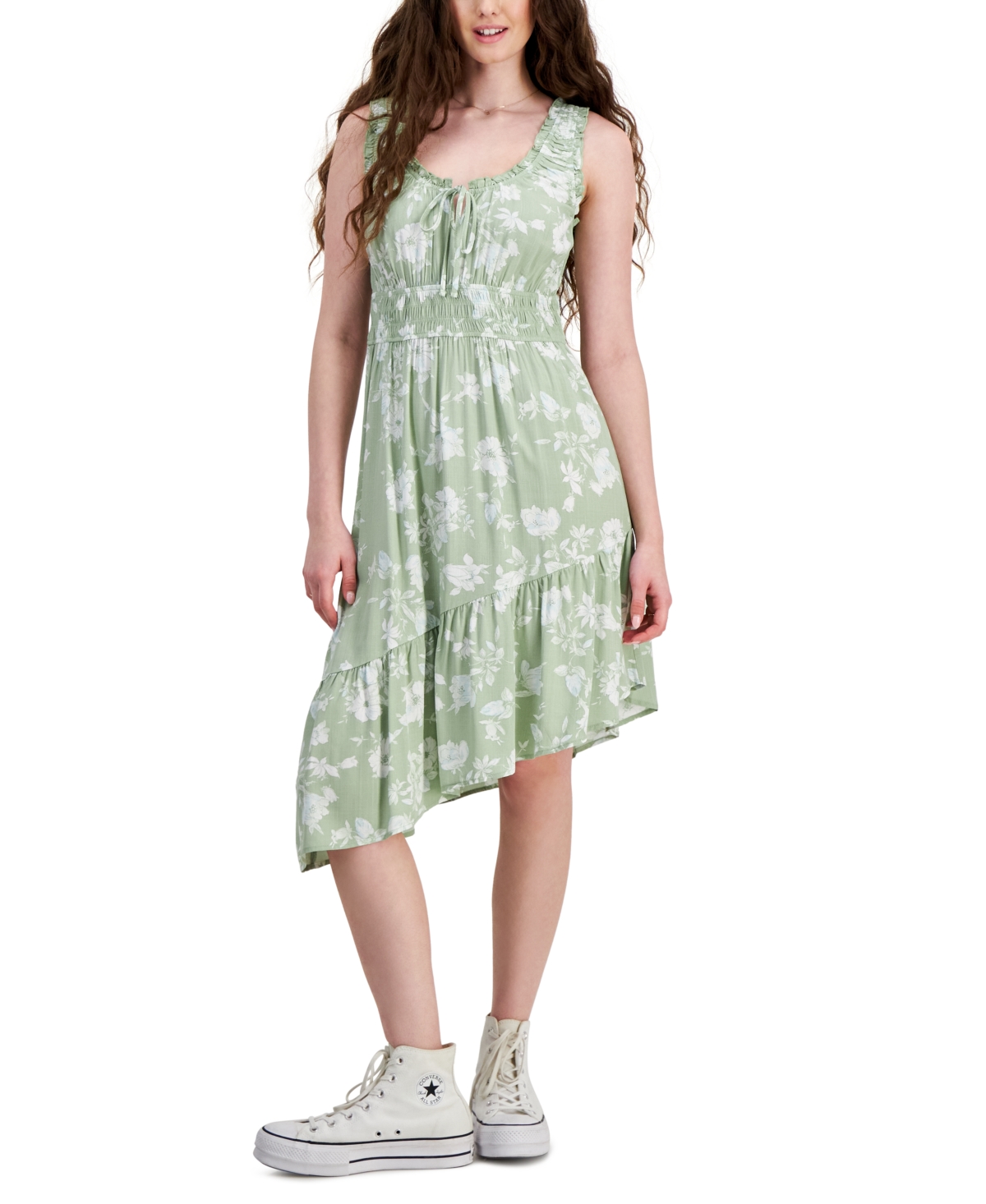 Shop Hippie Rose Juniors' Smocked Asymmetrical Hem Midi Dress In Sage Floral