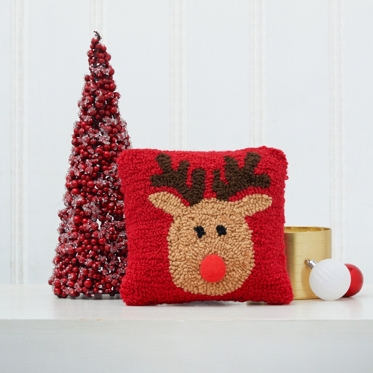 8" x 8" Reindeer Games Reindeer with Red Nose on Red Background Petite Accent Hooked Christmas Pillow