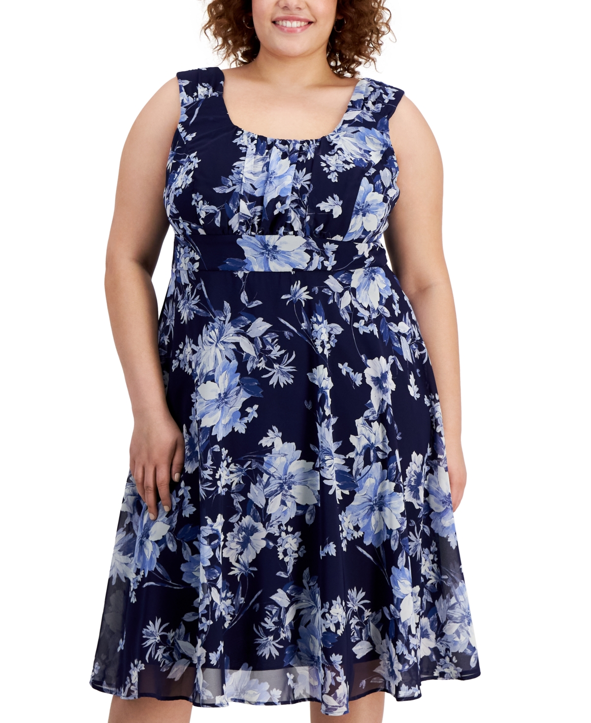 Shop Connected Plus Size Printed Ruched-bodice Sleeveless Dress In Nvy