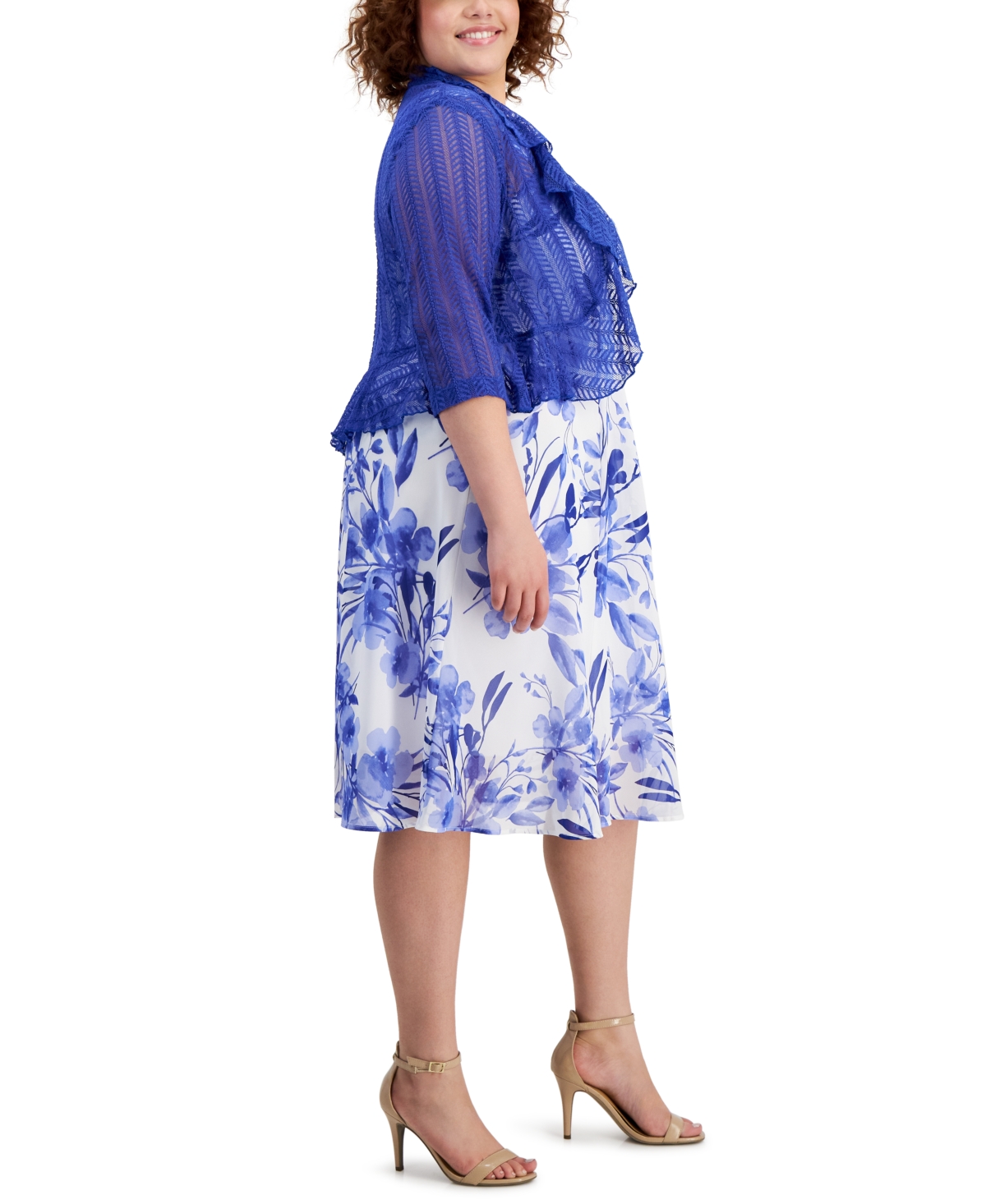 Shop Connected Plus Size Lace Cardigan And Floral-print Dress In Cobalt