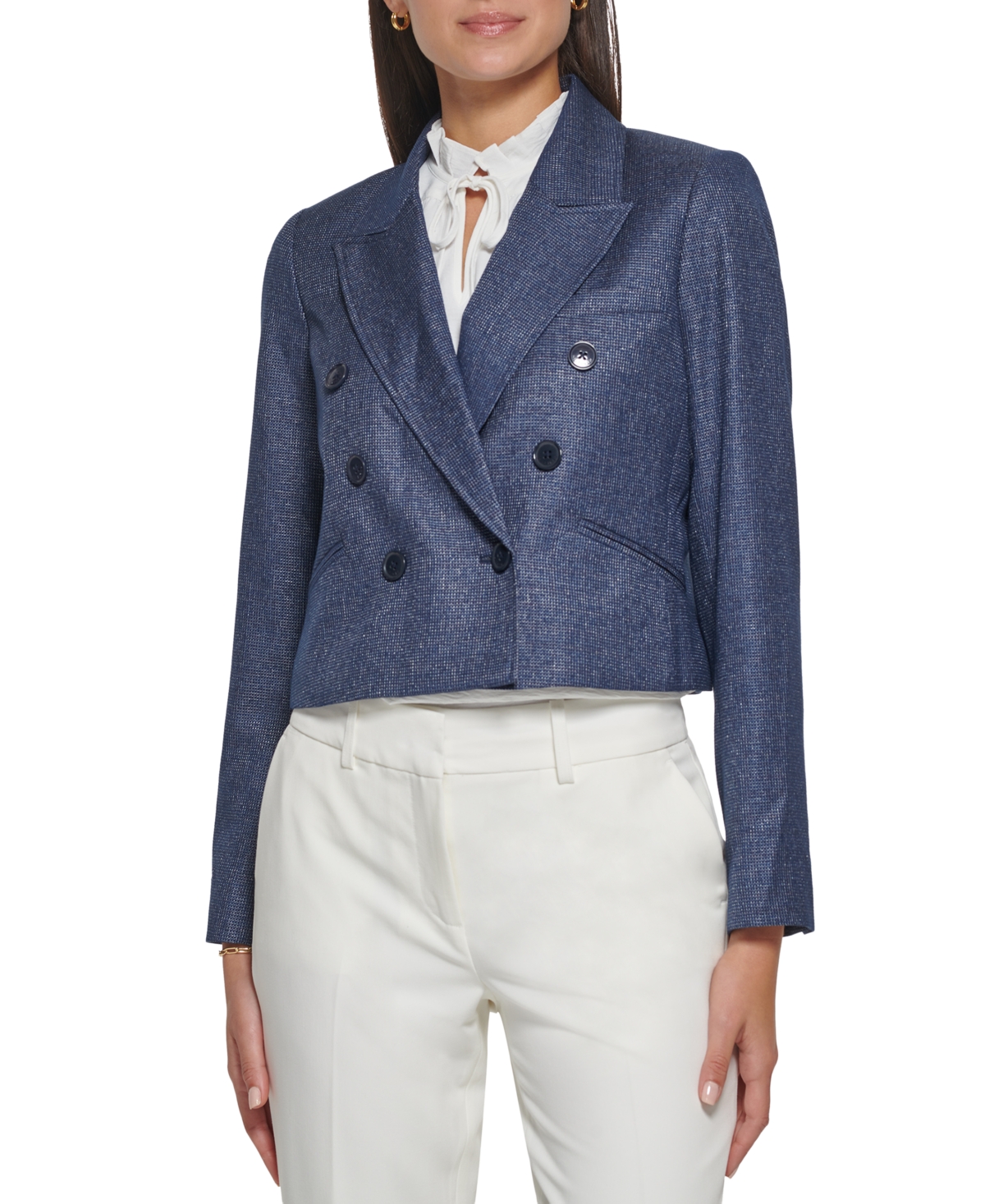 Shop Tommy Hilfiger Women's Cropped Double-breasted Blazer In Midnight Ivory