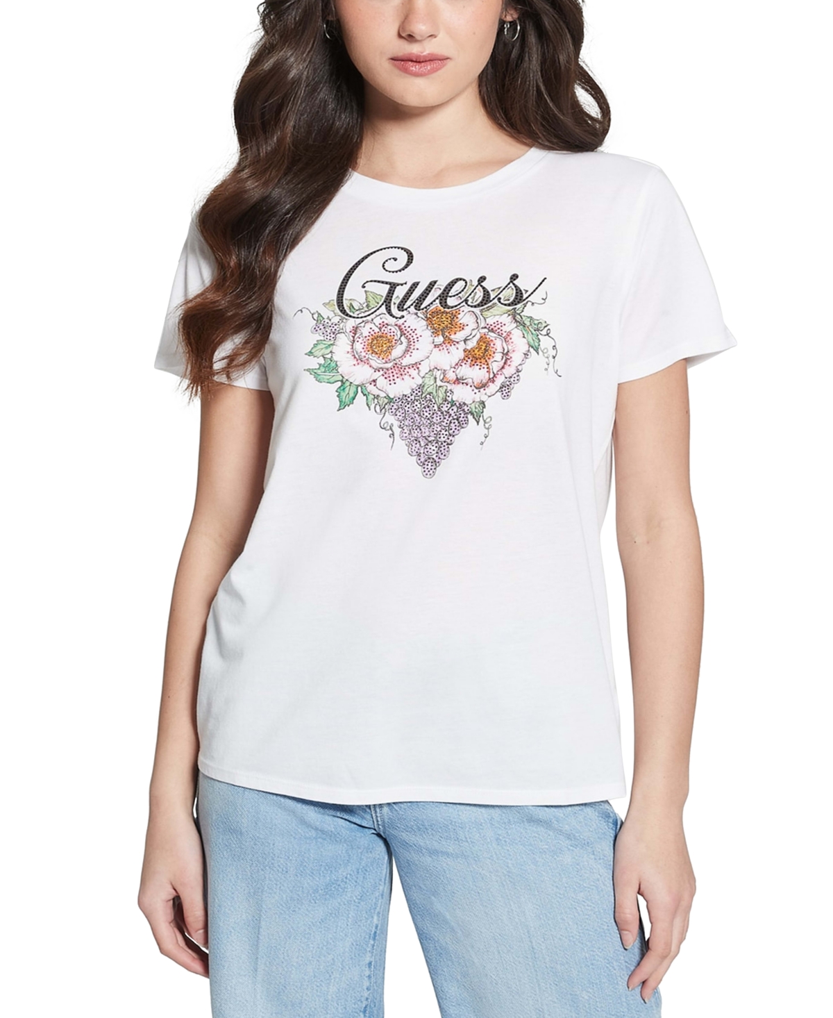 Shop Guess Women's Embellished Grape Vine Logo T-shirt In Pure White