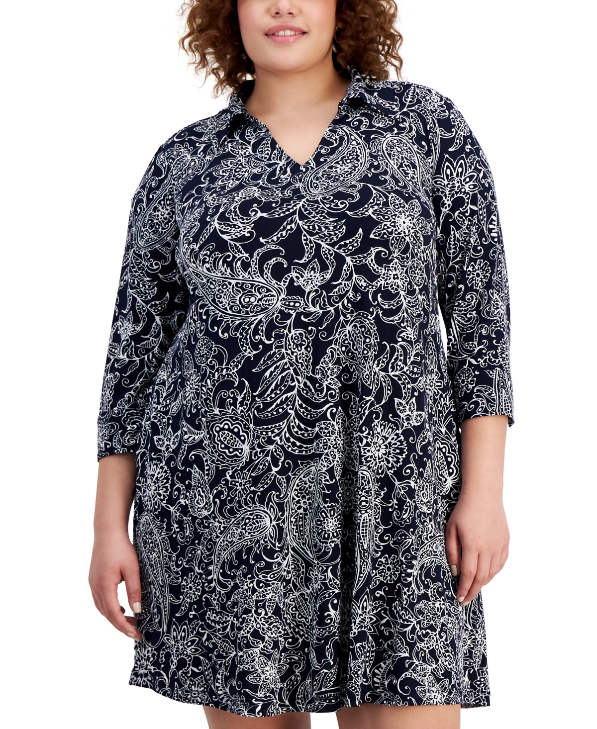 Shop Robbie Bee Plus Size Printed Collared 3/4-sleeve Dress In Navy,white