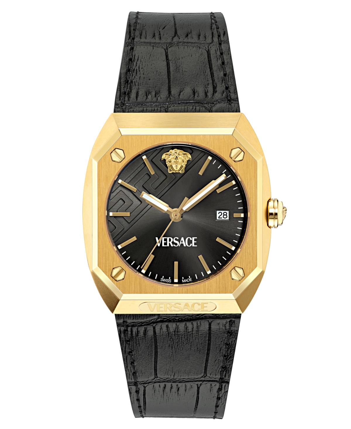 Versace Men's Swiss Black Leather Strap Watch 44mm In Gold