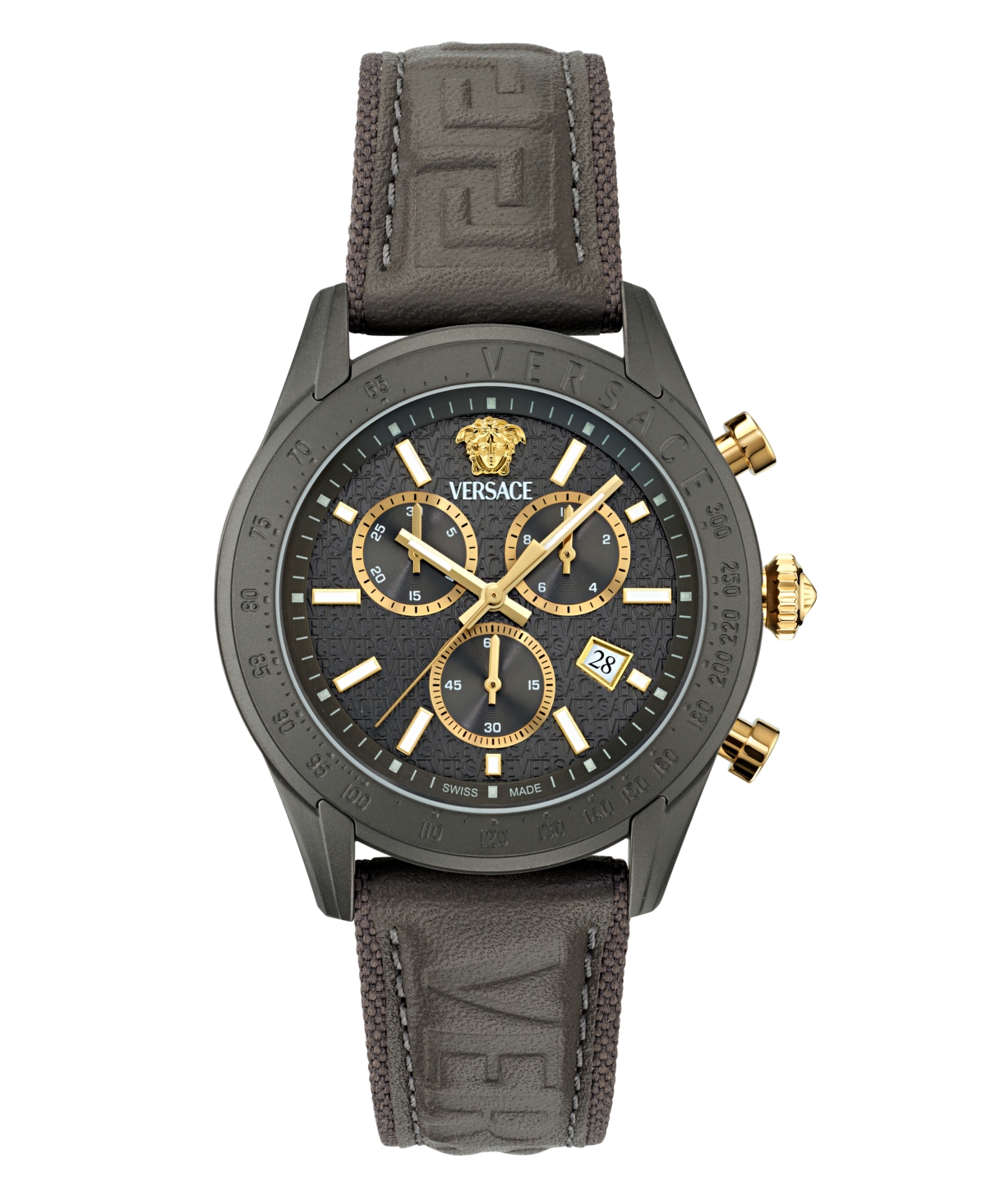 Versace Men's Swiss Chronograph Gray Leather Strap Watch 44mm In Gun