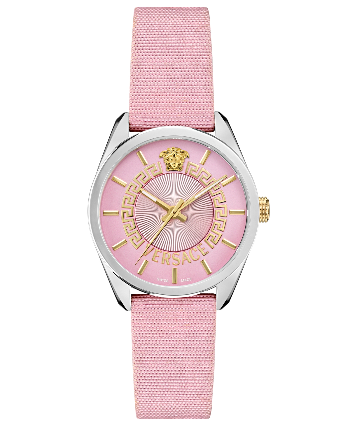 Shop Versace Women's Pink Grosgrain Strap Watch 36mm In Stainless