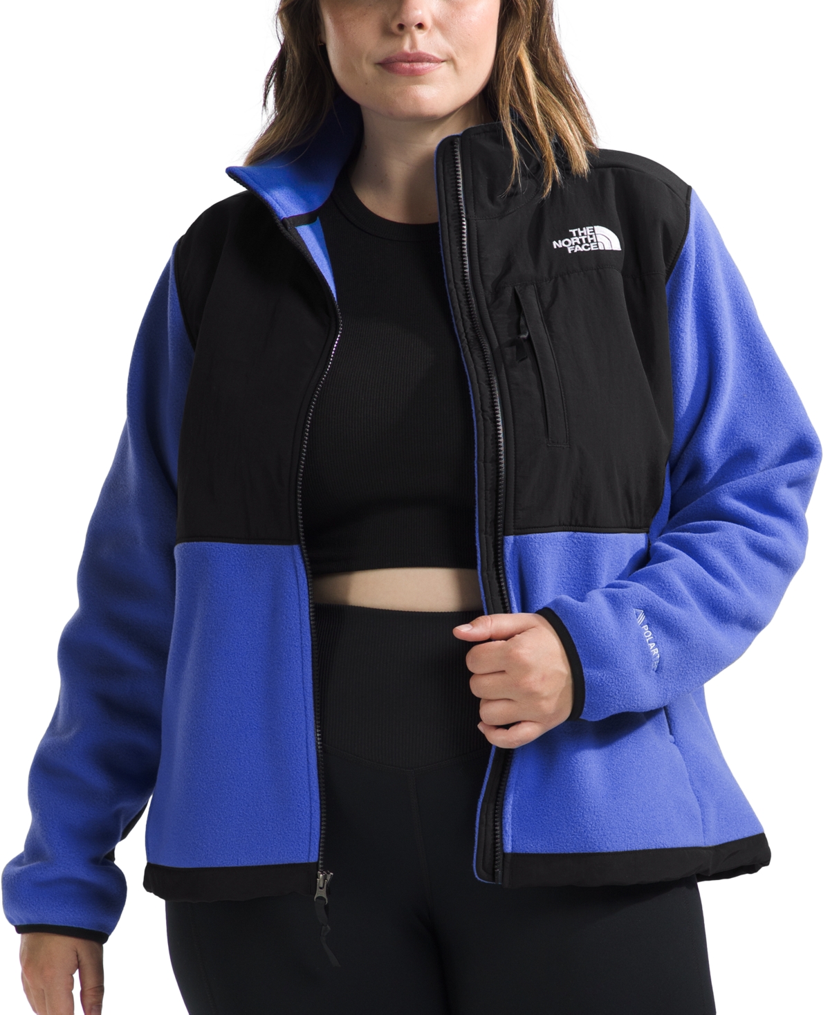 Shop The North Face Plus Size Denali Zip-front Long-sleeve Jacket In Solar Blue,tnf Black