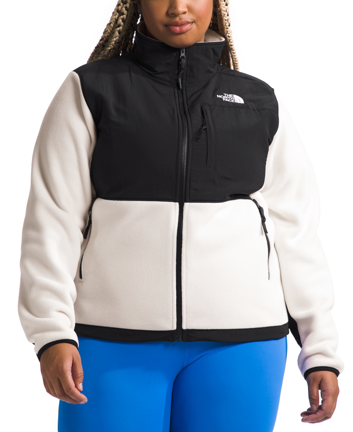 Shop The North Face Plus Size Denali Zip-front Long-sleeve Jacket In White Dune,tnf Black