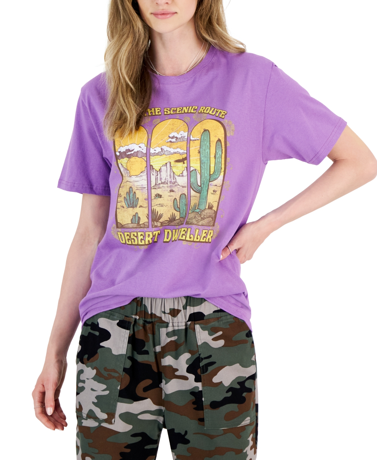 Rebellious One Juniors' Desert Dweller Cotton Graphic T-shirt In Purple Party