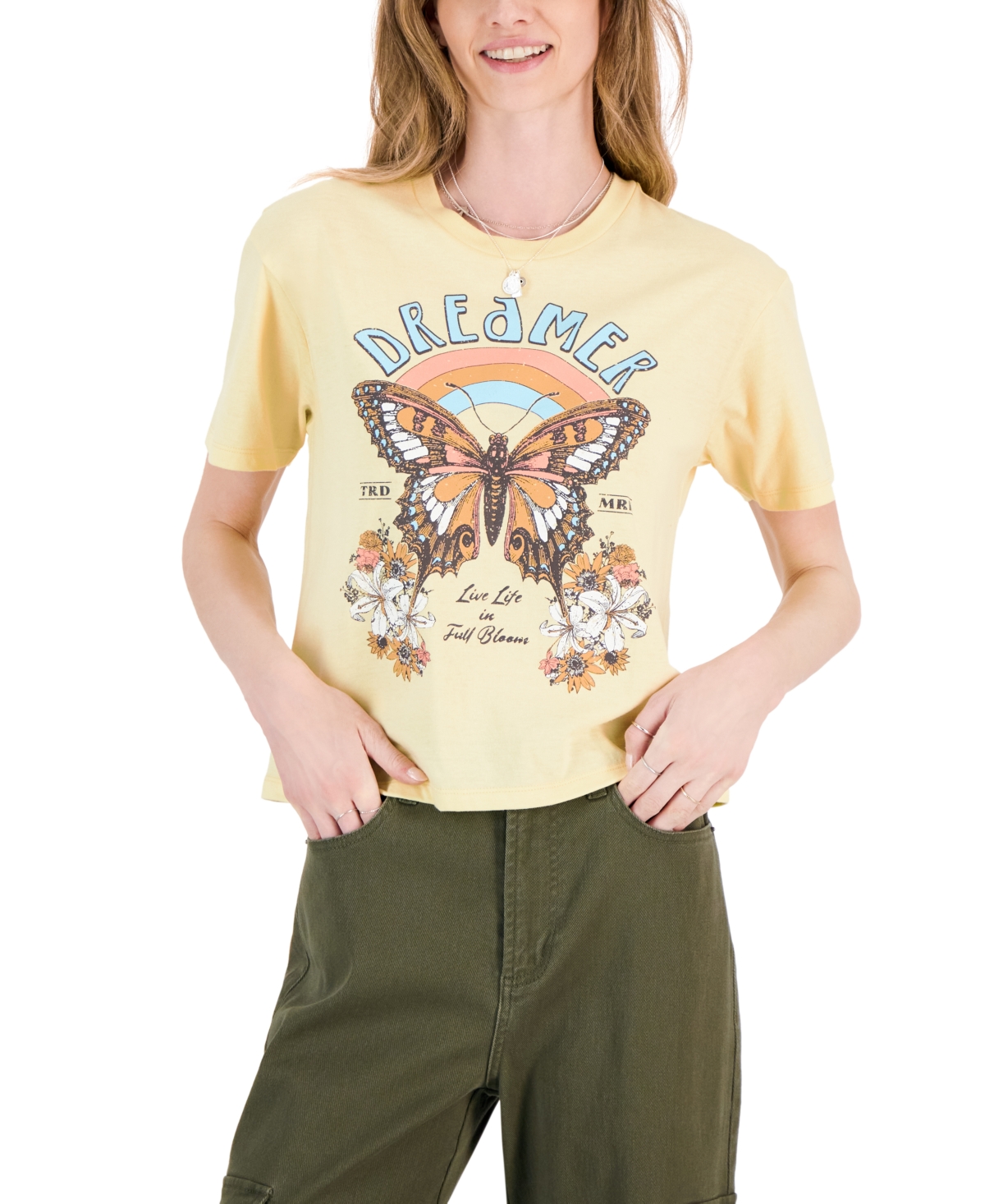 Juniors' Dreamer Butterfly Graphic T-Shirt - French Vanilla