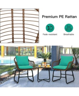 3 Pieces Patio Rattan Bistro Set with Cushions and Glass Table