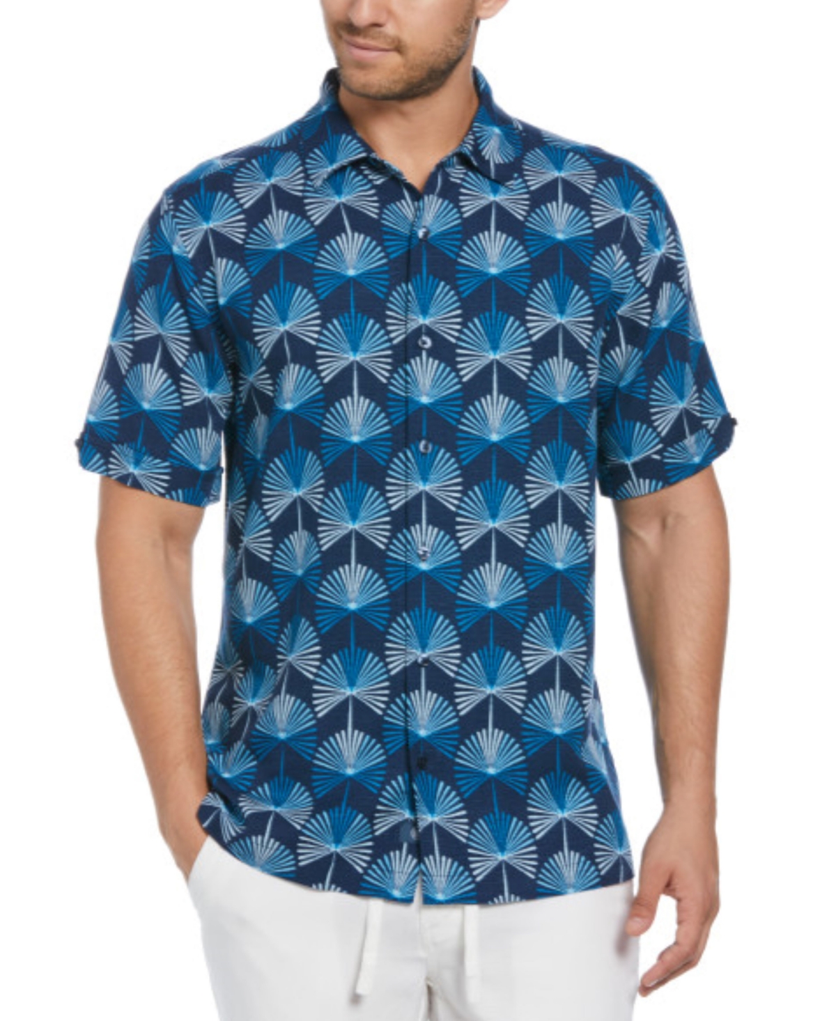 Men's Short Sleeve Geometric Botanical Print Button-Front Shirt - Titan