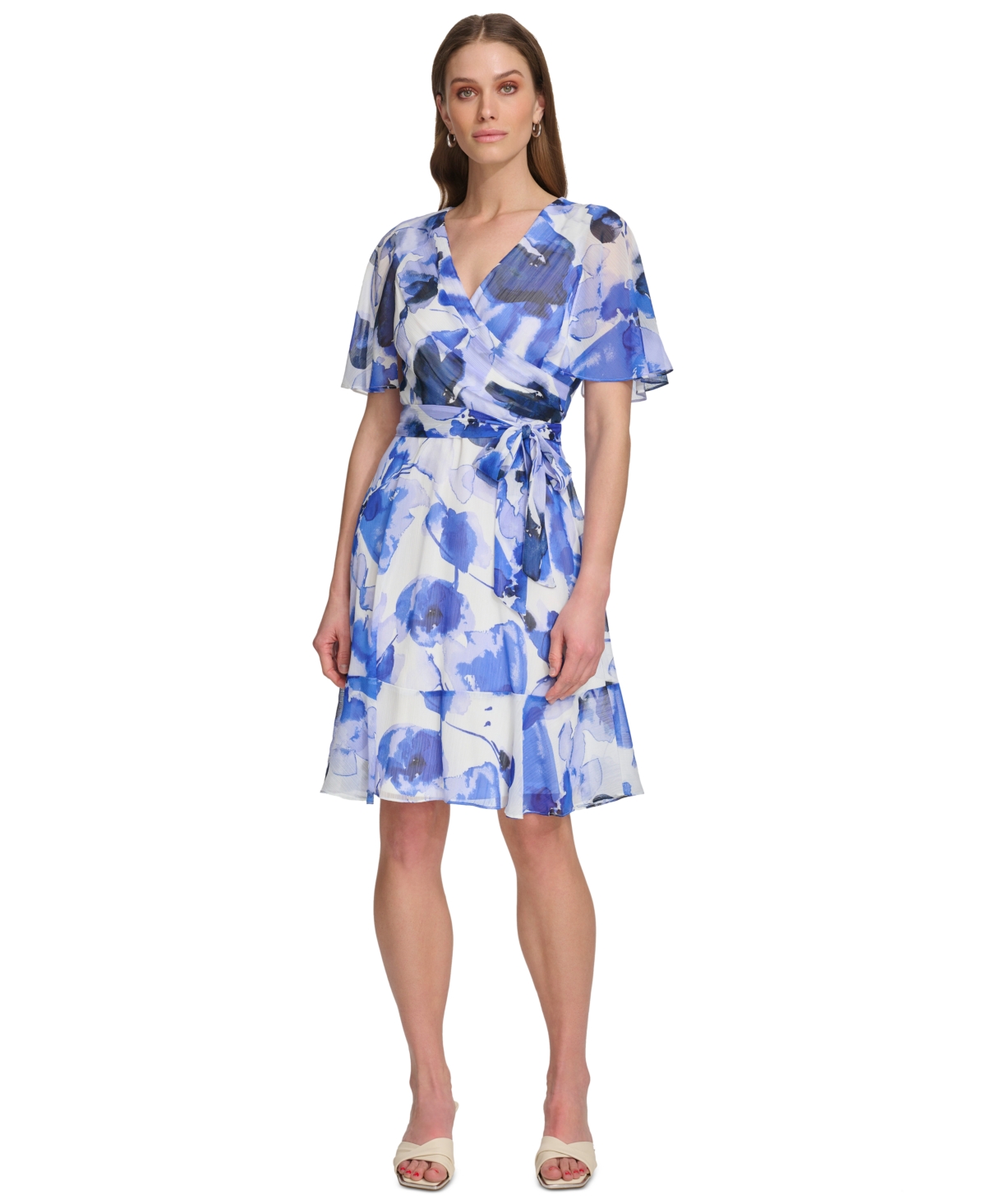 Petite Printed Flutter-Sleeve Tie-Waist Fit & Flare Chiffon Dress - Marine Multi