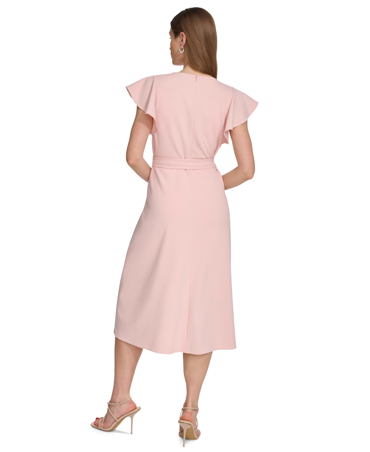 Shop Dkny Women's Flutter-sleeve Tie-waist Faux-wrap Dress In Powder Pink