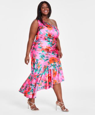 Eliza J Plus Size Printed Asymmetric-Neck One-Shoulder Dress