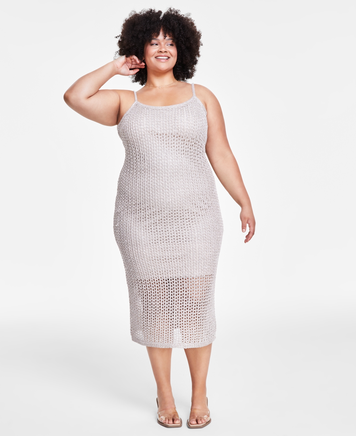 Trendy Plus Size Sleeveless Shine Midi Dress, Created for Macy's - Silver Drop
