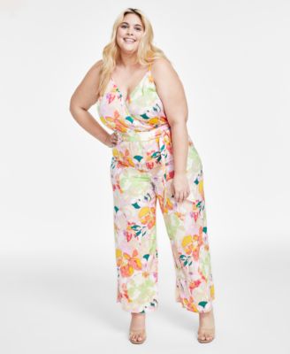 Bar III - Trendy Plus Size Floral-Print Belted Wide-Leg Jumpsuit
