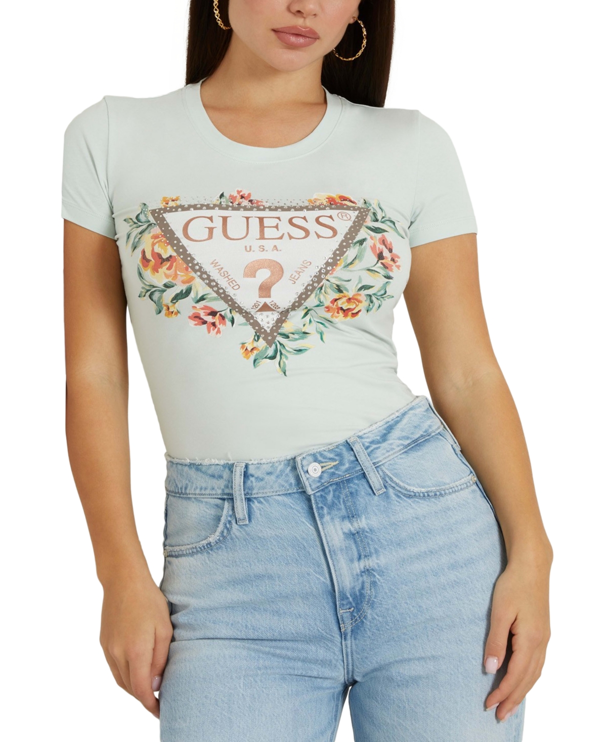 Guess Women's Triangle Floral Logo Embellished T-shirt In Misty Teal