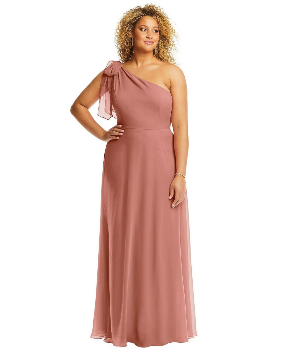 Plus Size Draped One-Shoulder Maxi Dress with Scarf Bow - Desert rose