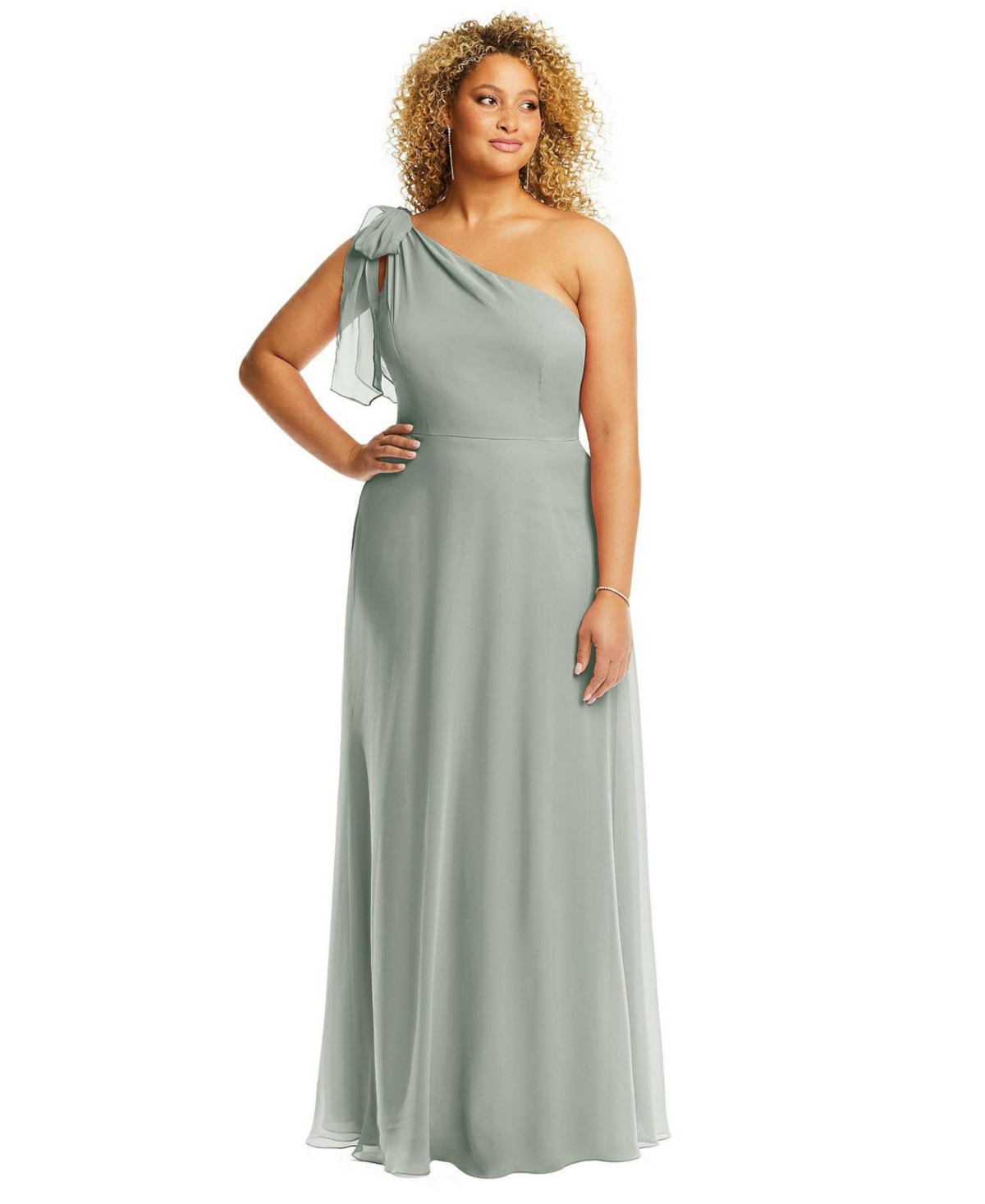 Women's Plus Size Draped One-Shoulder Maxi Dress with Scarf Bow - Willow green