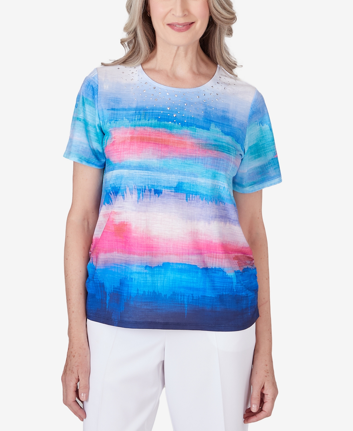 Shop Alfred Dunner Petite Paradise Island Watercolor Stripe Ruched Top In Multi
