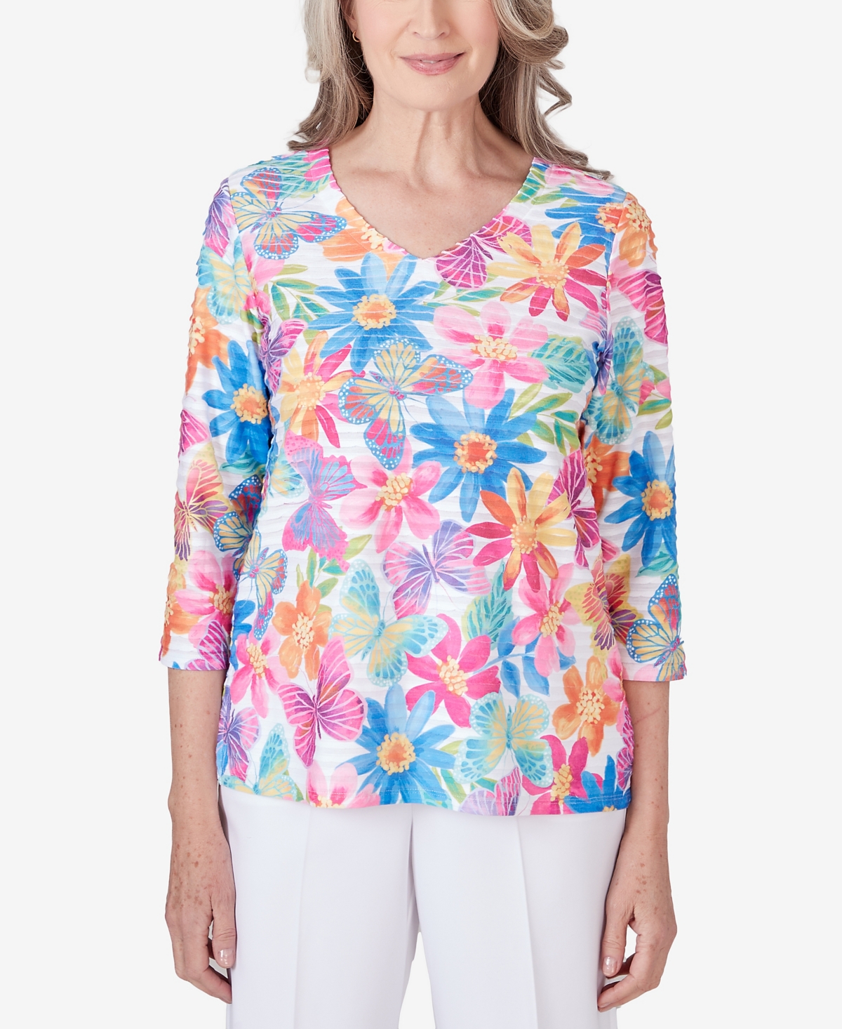 Shop Alfred Dunner Petite Paradise Island Floral Butterfly Pleated Ruffle Top In Multi
