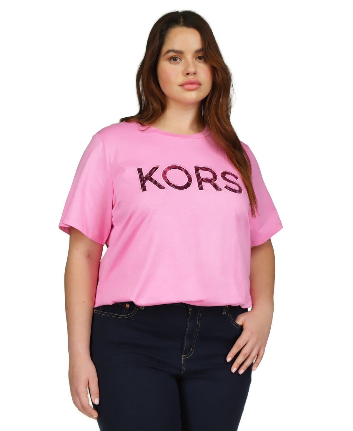Michael Kors Michael  Plus Size Sequin Logo Cotton T-shirt In Bouquet