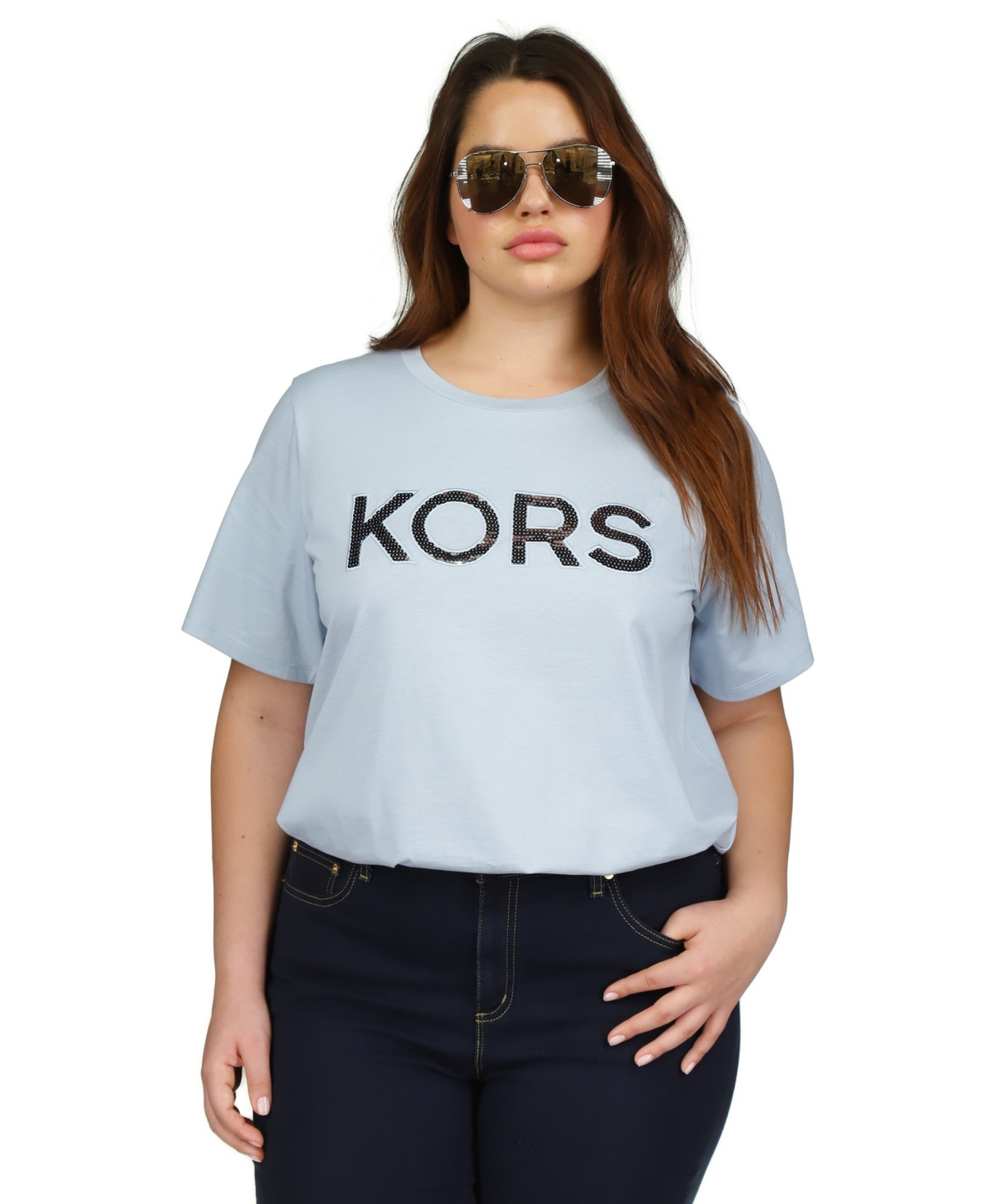 Shop Michael Kors Michael  Plus Size Sequin Logo Cotton T-shirt In Light Chambray