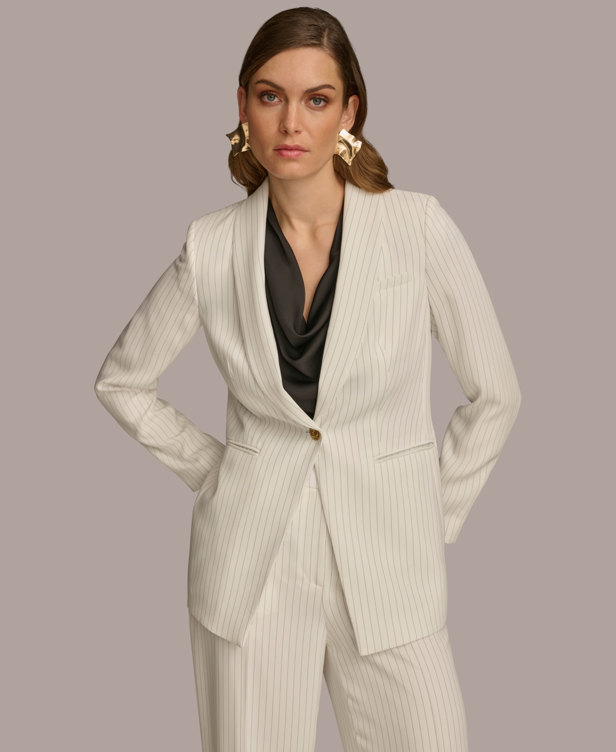 Women's One Button Pinstripe Blazer - Cream/Black