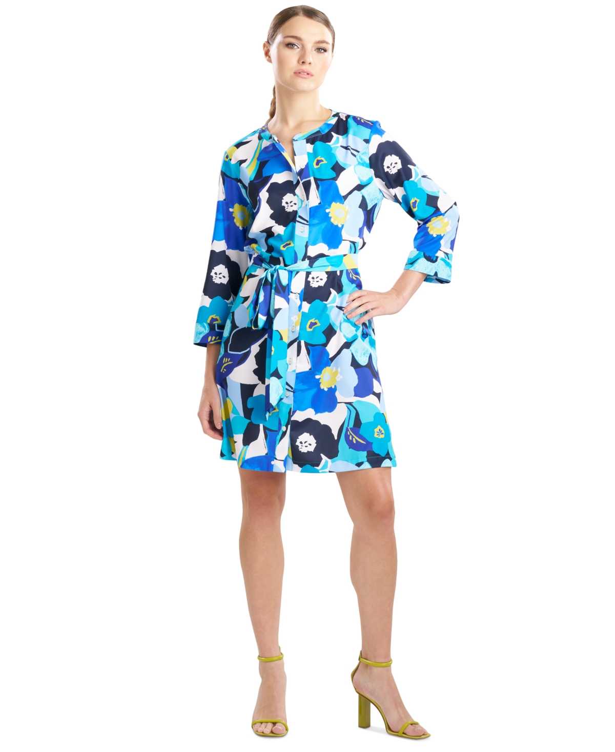 Women's Floral-Print Belted 3/4-Sleeve Dress - Shibori Blue