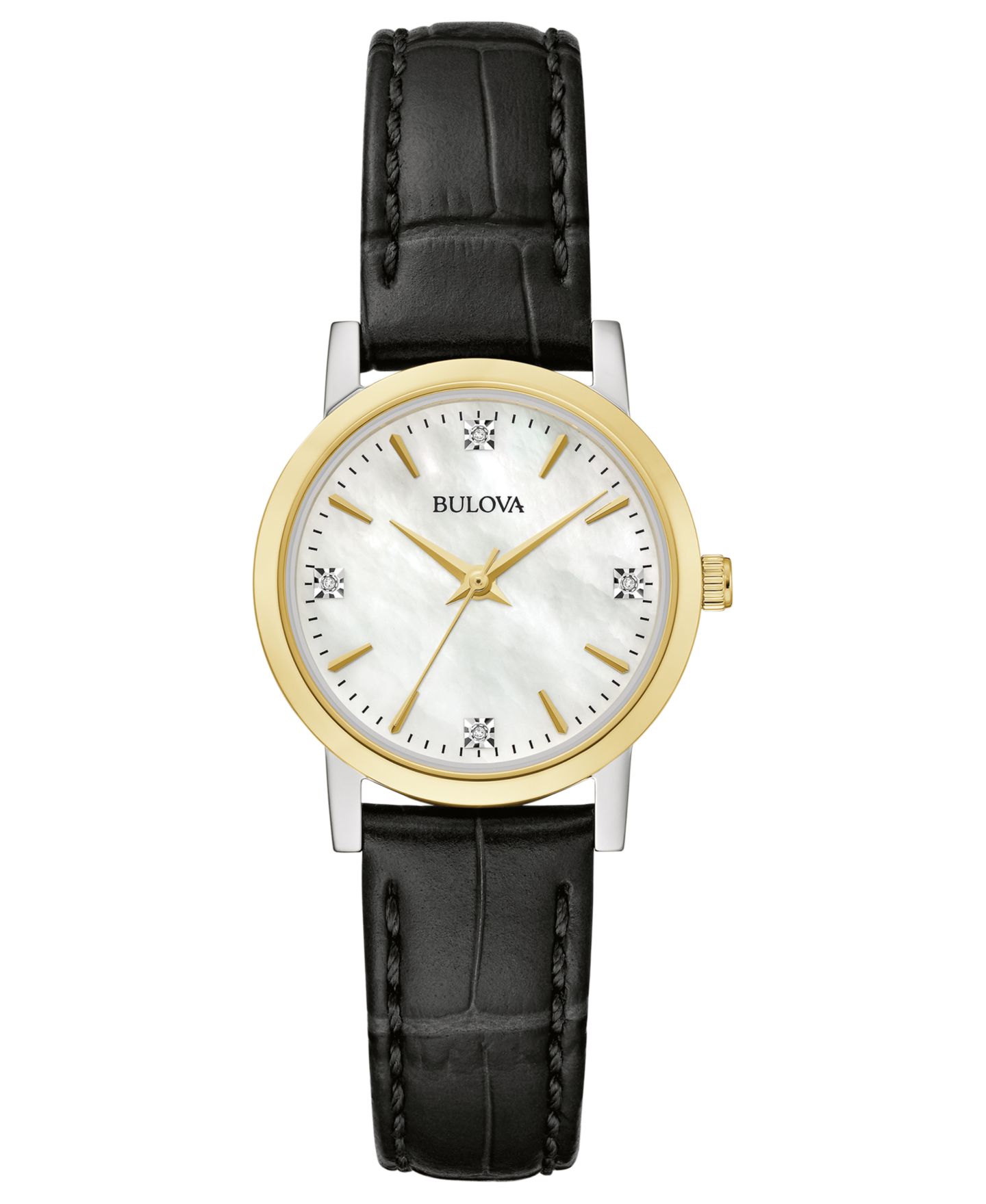 Женские часы Bulova Diamond Accent Black Leather Strap Watch 27mm — фото 1