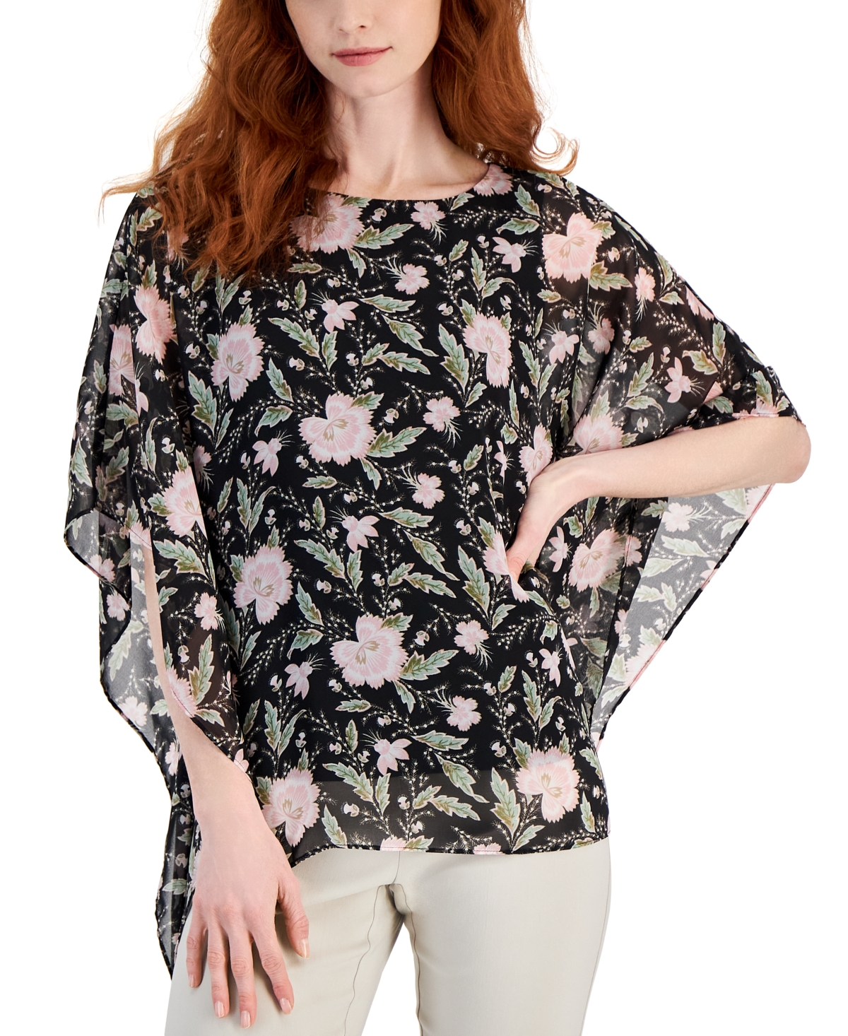 Women's 3/4 Sleeve Printed Poncho Top, Created for Macy's - Intrepid Blue Combo