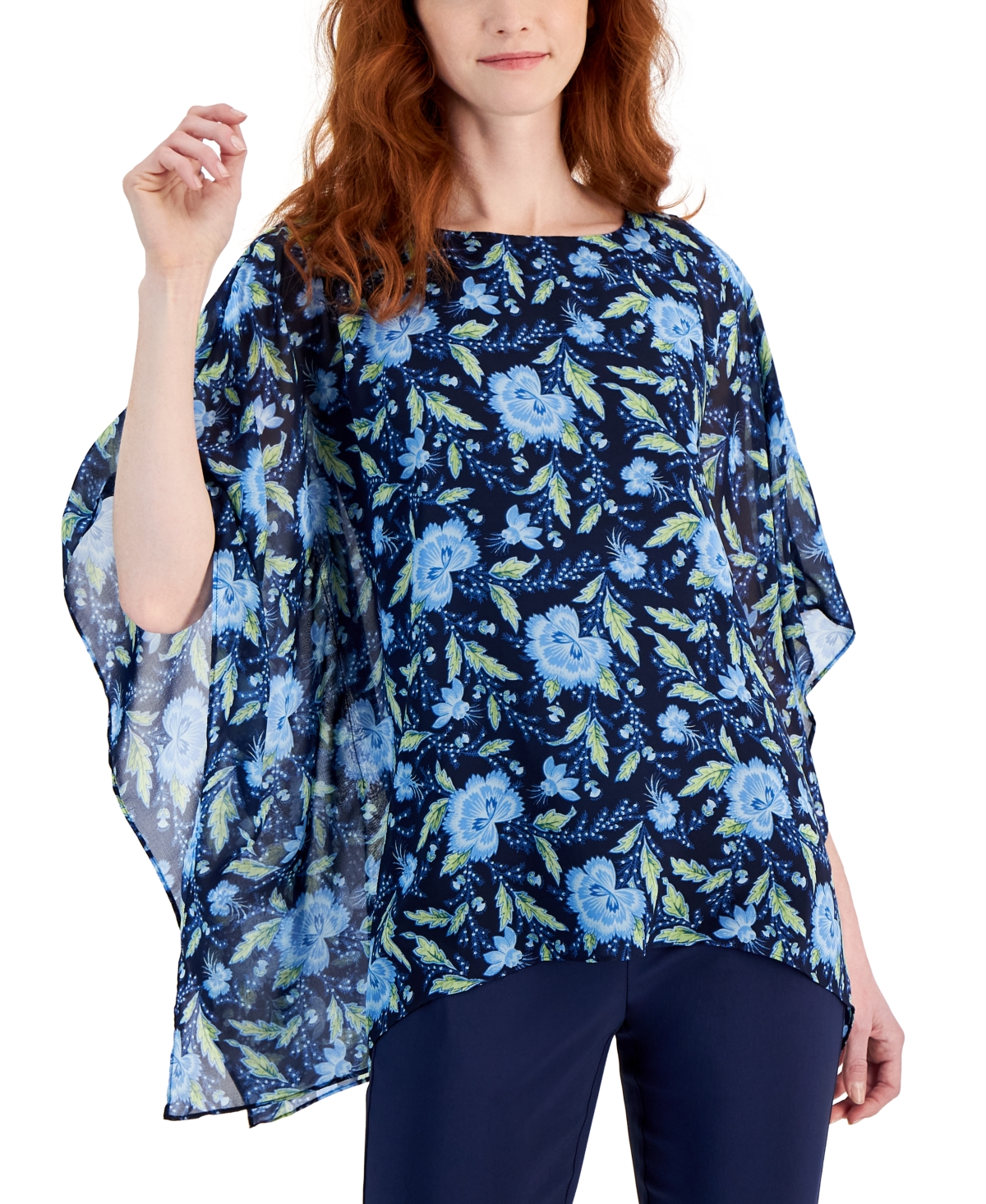 Shop Jm Collection Women's 3/4 Sleeve Printed Poncho Top, Created For Macy's In Intrepid Blue Combo