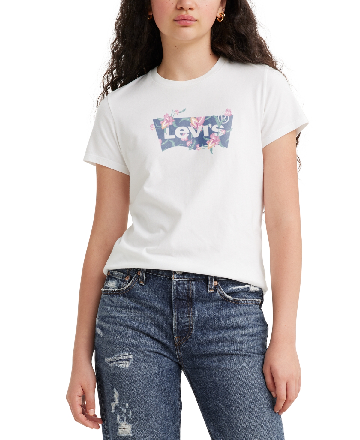 Levi's Women's Perfect Graphic Logo Cotton T-shirt In Bw Tropical Flower Fill Bright White