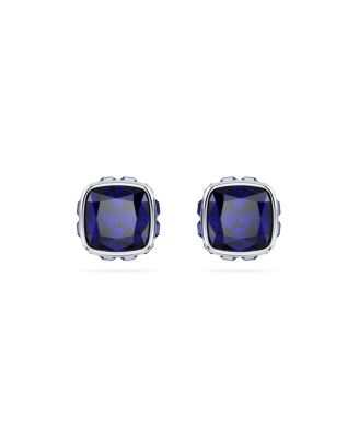 Rhodium Plated Square Cut Color Birthstone Stud Earrings