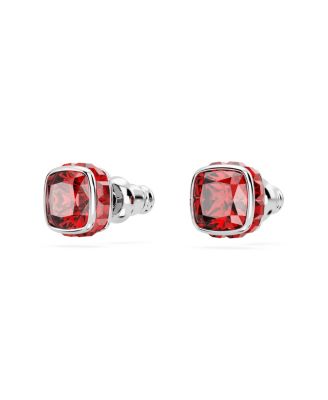 Rhodium Plated Square Cut Color Birthstone Stud Earrings