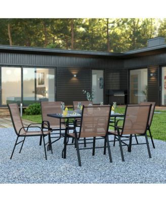 Seven Piece Patio Table Set With Metal Table With Tempered Glass Top And 6 Flex Comfort Stacking Chairs