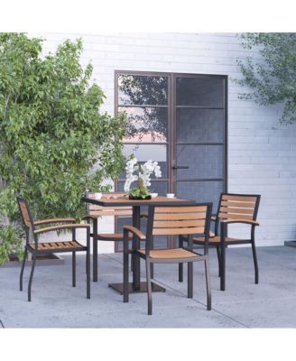 Alani Five Piece Faux Teak Patio Dining Set For Indoor And Outdoor Use - Square Table And Four Club Chairs With Arms